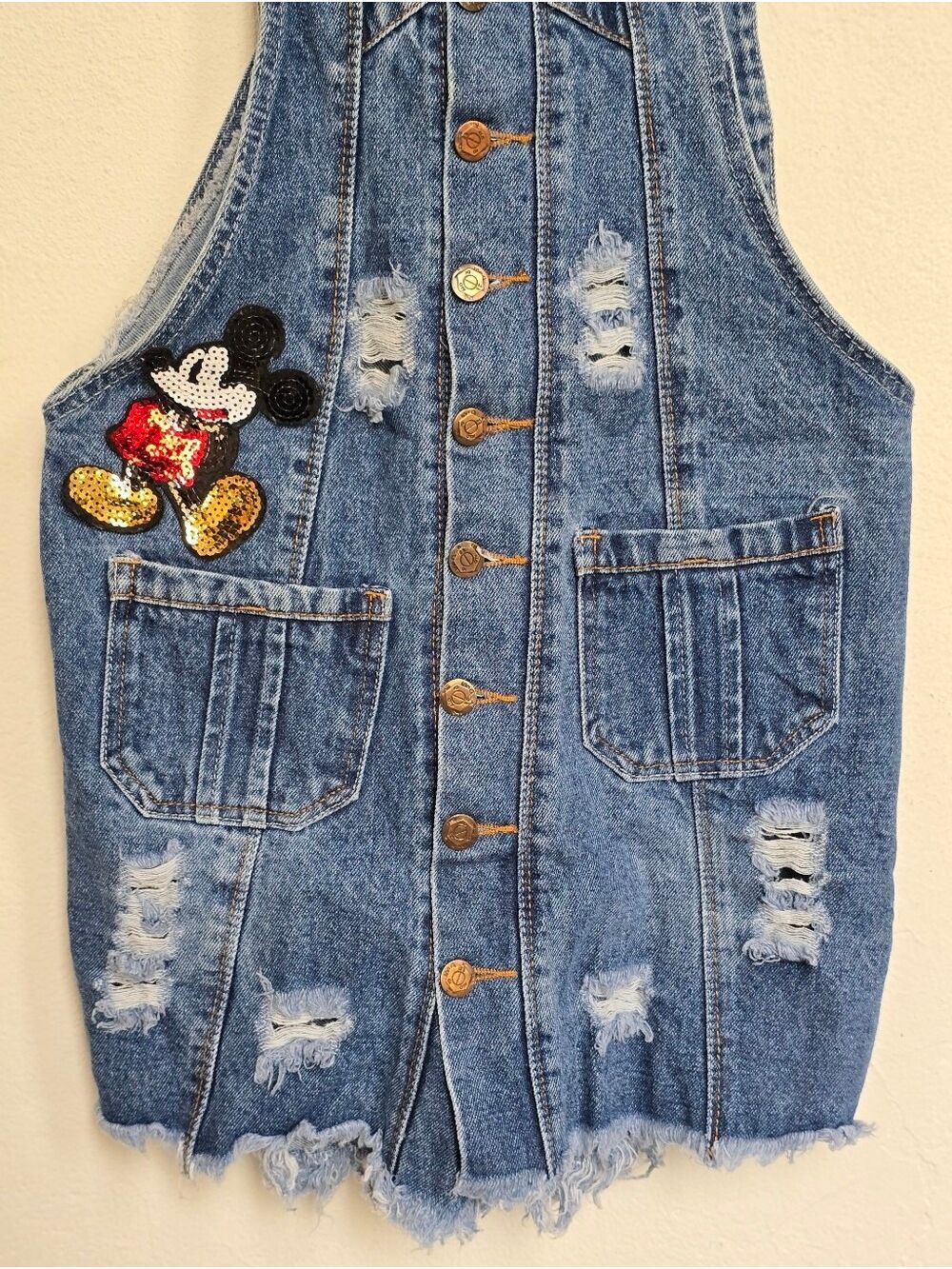 Disney Mickey Mouse Denim Overall Dress RX Jeans Distressed Size Medium - Picture 3 of 17